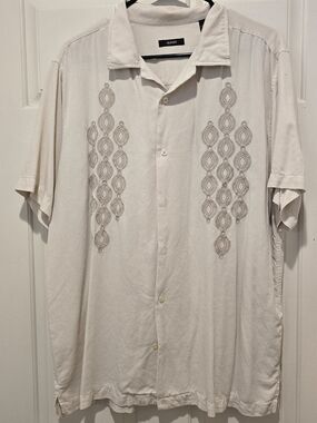 Alfani Embroidered Camp Shirt Silk Blend Beige Short Sleeve Button Front XL